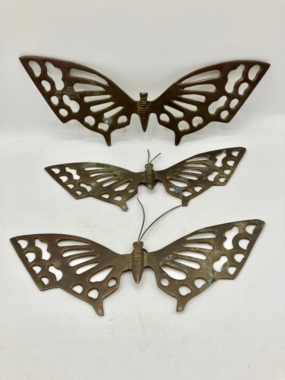 Three Vintage Solid Brass Butterflies Wall Decor (1) 10"L (2) 8.5"L